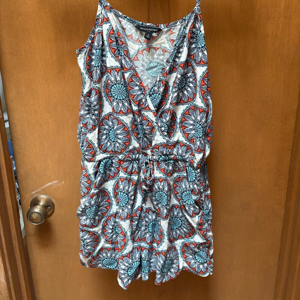 Banana Republic S Blue Orange Medallion Faux Wrap Rayon Romper